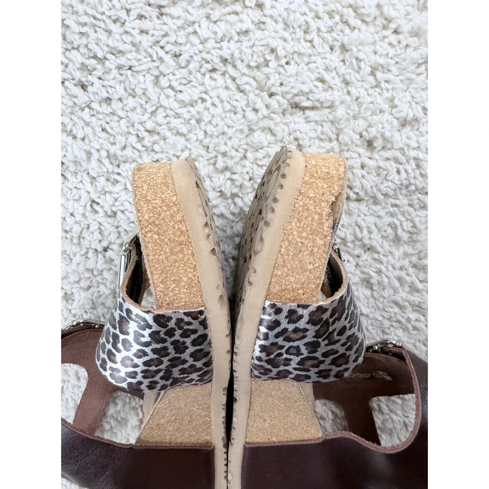 Mephisto Wedge Sandals Women 39 Brown Leopard Print Good Leather Cork Air-Relax